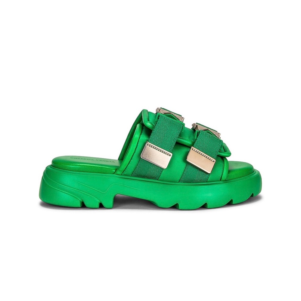 Bottega Veneta flash Green Cushioned Slide Sandals with silver buckle Straps